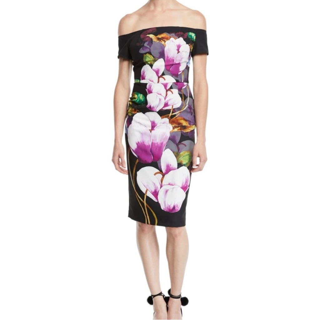 Nwt. Sz 8. Trina Turk Ruby Off-The-Shoulder Tulip Floral Sheath Dress